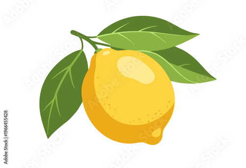 A vibrant yellow lemon with green leaves on a white background, perfect for illustrating freshness and healthy eating
