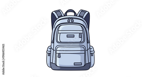 Functional light blue school backpack with multiple pockets and zippers shown from the front on a white background.