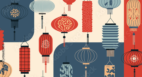 Vibrant pattern showcasing various styles and colors of Chinese lanterns for traditional lunar new year and festival decorations.