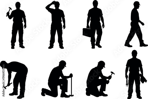 Construction worker silhouettes vector collection featuring builder with hammer, toolbox and tools, various working poses for industrial, labor, engineering and handyman concepts isolated