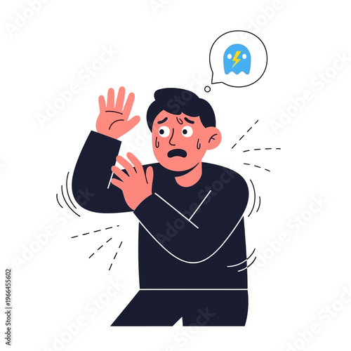 Man Scared of Ghost, Fearful Expression, Anxiety, Shock, Spooky Concept, Flat Illustration