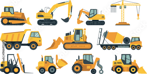 Heavy construction machinery vector set featuring excavators, bulldozers, dump trucks, cranes, loaders and forklifts, industrial equipment collection for engineering, building, mining and 