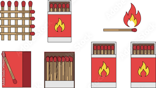 Matchstick and matchbox illustration set with burning match, fire flame, safety matches, ignition concept, red box design, isolated vector collection