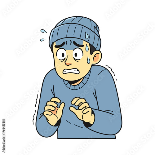 Scared man in beanie and sweater, sweating with fear, isolated on white background