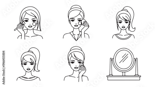 Female hairstyle variations with mirror illustrating beauty salon services, personal grooming industry trends and cosmetic business branding strategy