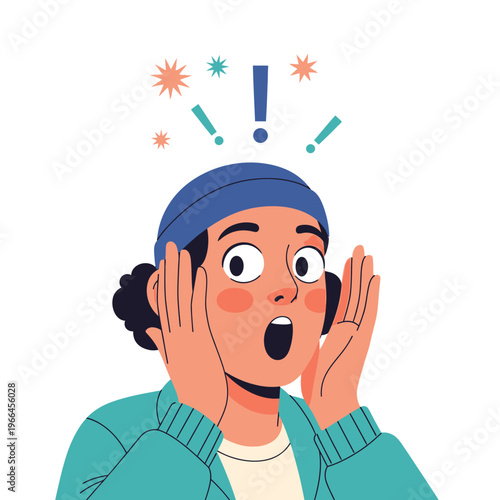 Surprised Woman with Hands on Cheeks and Open Mouth, Exclamation Mark and Stars