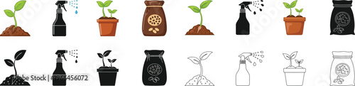 A collection of illustrated icons showing various gardening activities with seeds and plants