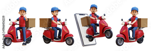 Friendly delivery person on red scooter with package. thumbs up. 3D render