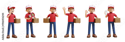 Foto Friendly delivery person collection in red uniform with boxes and gestures
