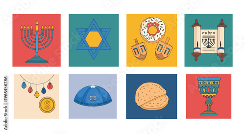 Collection of traditional jewish holiday symbols and items including menorah, star of david, dreidel, and torah on colorful backgrounds.