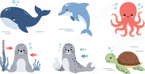 Cute ocean animals cartoon set whale dolphin octopus seal turtle underwater marine life vector illustration collection