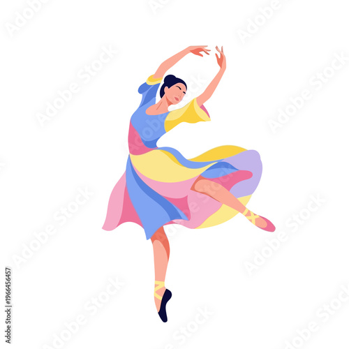 Graceful Ballerina Dancing in Colorful Flowing Dress on White Background