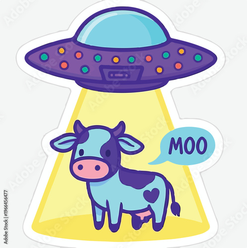 Cute Kawaii UFO Alien Abducting Cow Moo Sticker Design with Flying Saucer Beam Light Funny Sci-Fi Farm Animal Humor Cartoon Illustration