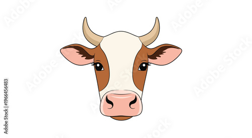 Detailed illustration of a brown and white cow head with horns looking forward isolated on a plain white background.