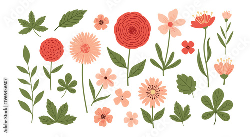 Varied collection of colorful hand drawn flower and leaf illustrations in a charming rustic style on a white background.