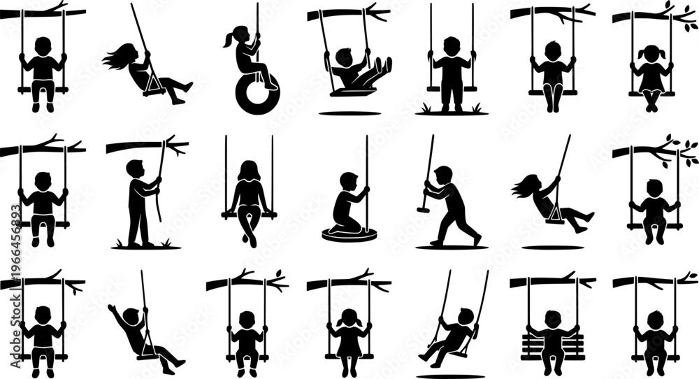 Obraz premium Tree Swing Silhouettes. Tree swing kid line art. Filled icon set of Tree swing kid line art: child sitting on