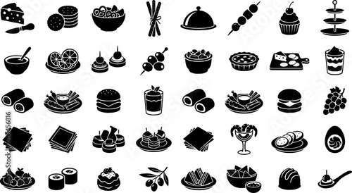 Party Appetizers Icons. Party Appetizers. Filled icon set of Party Appetizers: cheese platter, cracker stack,
