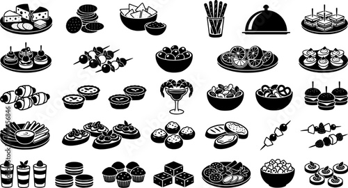 Party Appetizers Icons. Party Appetizers. Filled icon set of Party Appetizers: cheese platter, cracker stack,
