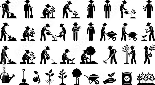 Farmer Planting Tree. Filled icon set of Farmer Planting Tree: farmer digging hole, farmer holding sapling,
