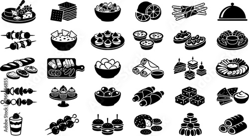 Party Appetizers Icons. Party Appetizers. Filled icon set of Party Appetizers: cheese platter, cracker stack,

