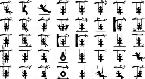 Tree Swing Silhouettes. Tree swing kid line art. Filled icon set of Tree swing kid line art: child sitting on
