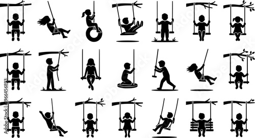 Tree Swing Silhouettes. Tree swing kid line art. Filled icon set of Tree swing kid line art: child sitting on
