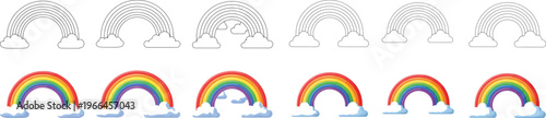 A collection of various rainbow illustrations displayed in both outline and colorful versions
