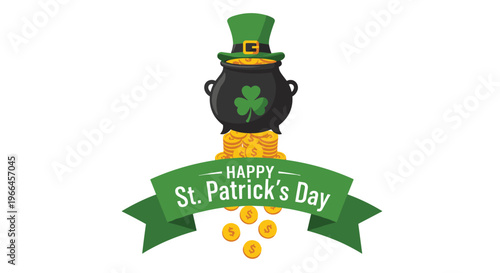 St patrick day celebration graphic featuring a leprechaun hat on a pot of gold overflowing with coins and clover.