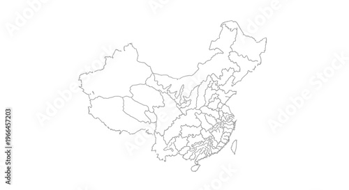 Outline Map of China with Provinces and Borders, Asian Geography on White Background