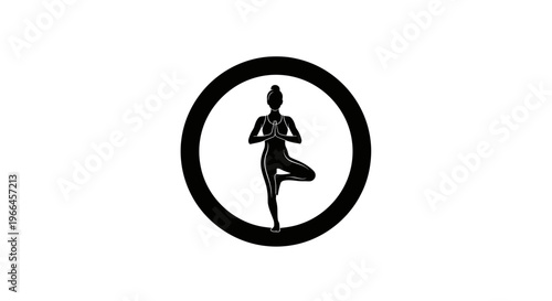Woman in Yoga Tree Pose Silhouette within Circle, Mindfulness and Inner Peace Symbol, isolated white background