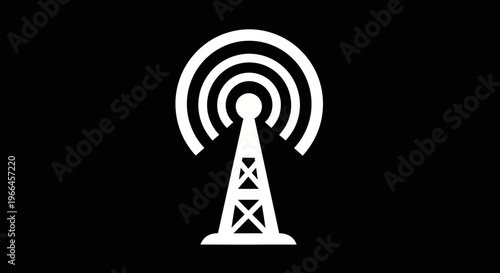 Radio Communication Tower Silhouette Icon in Circle, Wireless Network on Black Background