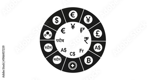 Global Currency Symbols Circle with Financial Market Data, isolated dark background