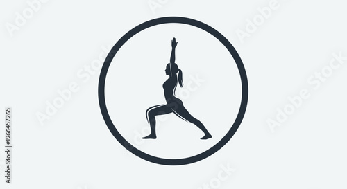 Woman Practicing Yoga Warrior Pose Icon in Circle in Bright Studio