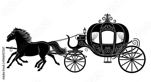 Ornate Vintage Horse-Drawn Carriage Silhouette with Elegant Details Isolated on White Background