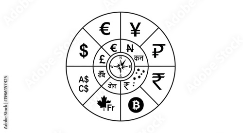 Global Financial Market Compass with International Currency Symbols, isolated white background.