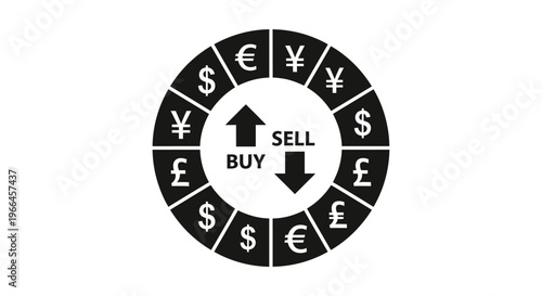 Buy and Sell Currency Exchange Arrows in a Financial Market Circle with Global Symbols, isolated white background.