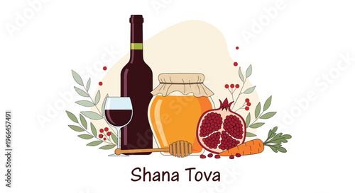 Traditional rosh hashanah greeting shana tova featuring wine, honey, pomegranate, and apple illustrations on white.