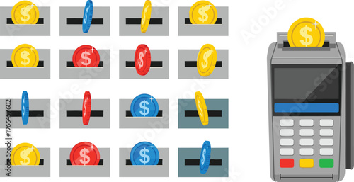 Digital payment terminal with colorful coin transactions and slot icons, fintech illustration for cashless payments and financial technology systems