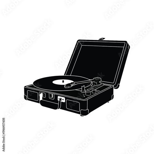 Black and white line of portable record player with open lid and vinyl line music