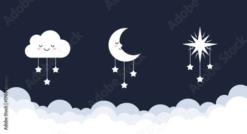 Sweet night sky illustration featuring a smiling cloud, crescent moon, and bright star with hanging star mobiles.