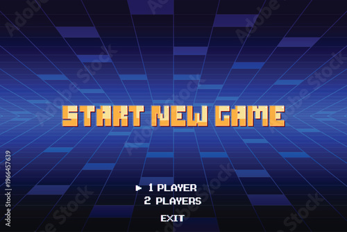 START NEW GAME. Synthwave wireframe net illustration. pixel art 8-bit. Retro Futurism Sci-Fi Background. glowing neon grid. and stars.