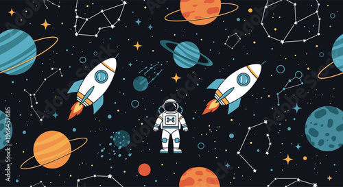 Adventurous seamless space pattern featuring an astronaut, rockets, planets, and constellations on a dark background.