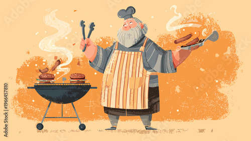 A cheerful man grilling burgers and holding a plate of food outdoors.