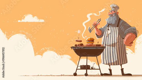 A cartoon dad grilling barbecue outdoors on a sunny day happily