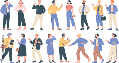 Diverse people character set with casual and business outfits, communication gestures and interaction poses in modern flat illustration collection