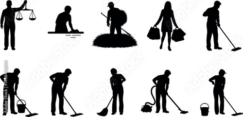 People silhouettes set showing cleaning workers, shopping woman, farmer, justice scale symbol, housekeeping tasks, sanitation work, daily activities, black isolated vector illustration collection