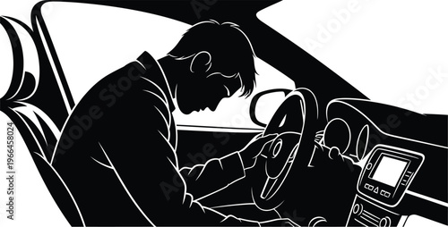 Overwhelmed driver resting head on car steering wheel