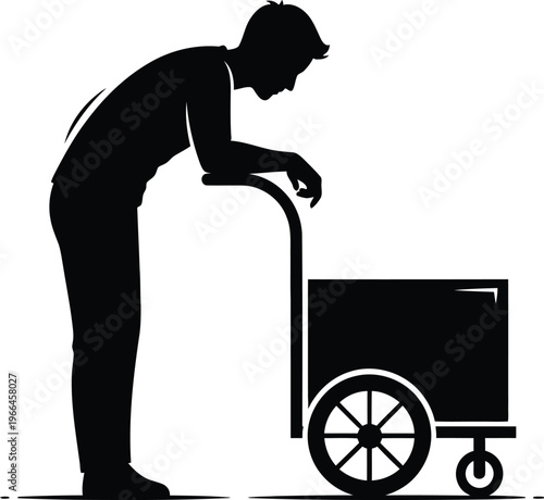 Tired man leans on a hand truck, taking a break