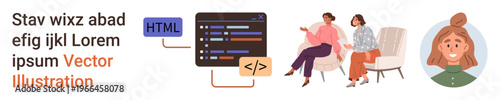 Web development, team collaboration, interface design, user communication, teamwork, creativity. Two characters discussing near a coding window and a female avatar. Web development and team