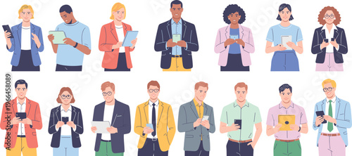 Diverse people using smartphones and tablets character set with modern communication, digital devices and online interaction in flat illustration collection